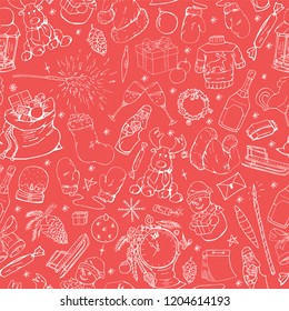 Seamless texture with cute christmas elements, hand drawn vector background