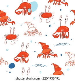 Seamless texture with cute crab and sea. Doodle sketch. Cartoon animals background. Hand drawn. 