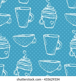 Seamless texture with cute cups. White cup on a blue background with polka dots. Great textures for your design.