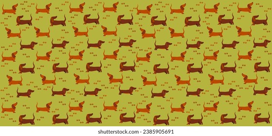 Seamless texture with cute dachshunds. Vector wallpaper with cute dogs and paw print. Domestic animals texture. Good for textile fabric design, wrapping paper, website wallpapers, textile, wallpaper. 