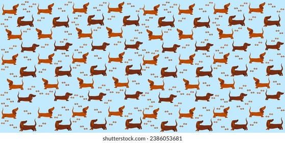 Seamless texture with cute dachshunds. Vector wallpaper with cute dogs and paw print. Domestic animals texture.  Good for textile fabric design, wrapping paper, website wallpapers, textile, wallpaper 