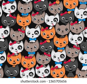 Seamless texture. Cute emotional cats on black background. Vector illustration in cartoon style