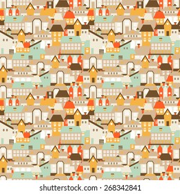 seamless texture with cute european houses on streets, vector illustration
