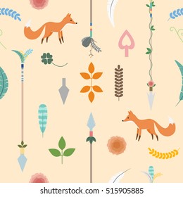 Seamless texture of cute fox and indian arrows with elements like leaves, rose and vine.