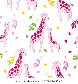 Seamless texture cute giraffe. Exotic, tropical kawai animals pattern. Children cartoon style vector illustration.1