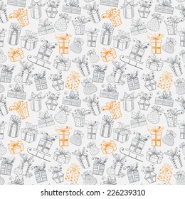 Seamless texture with cute grey and orange gift boxes. Can be used for wallpaper, pattern fills, textile, web page background, surface textures. Vector illustration. 