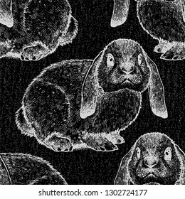 Seamless texture with a cute hare. Repeated hand drawn fantasy pattern. Vintage style. Graphic ornament with ink illustration of the bunny. 
