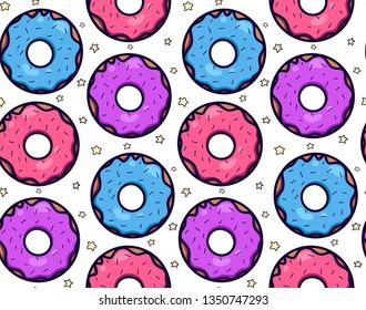 Seamless texture with cute, kawai colorful donut with little stars on white background. Vector pattern for textiles, fabrics, wrapping paper, cards and for your design