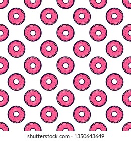 Seamless texture with cute, kawai pink donut on white background. Vector pattern for textiles, fabrics, wrapping paper, cards and for your design