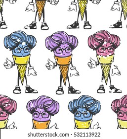 Seamless texture with cute modern character. Ice cream girl hipster. Ice cream in the glasses. It can be use for background, clothing design, wrapping paper or your design.