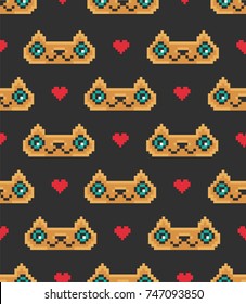 Seamless texture with Cute nice pixel cats. Pixel art. Modern style. Repeating background. Tiled pattern. Dark theme. 