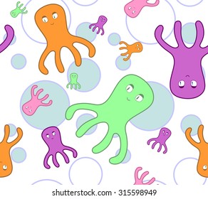 seamless texture with cute purple, orange, green and pink octopuses and blue circles on background