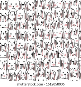 Seamless texture with cute rabbits. Doodle sketch of a rabbit. Cartoon animals background. Ideal for fabric, wallpaper, wrapping paper, textile, bedding, t-shirt print. Hand drawn vector illustration.
