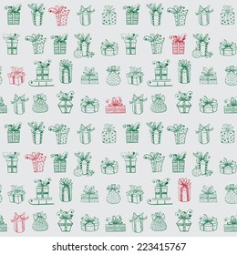 Seamless texture with cute red and green gift boxes on light grey background. Can be used for wallpaper, pattern fills, textile, web page background, surface textures. Vector illustration. 