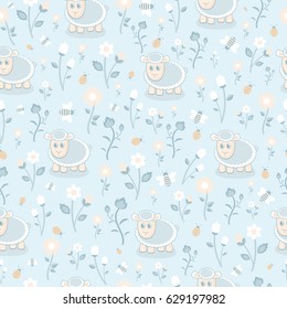 Seamless texture, cute sheep on a summer meadow 