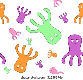 seamless texture with cute smiling purple, orange, green and pink octopuses on white background