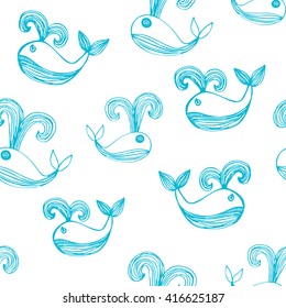 Seamless texture with cute whales. Endless hand drawn blue and white vector pattern. Template for design textile, backgrounds, packages, wrapping paper