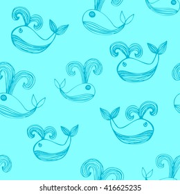 Seamless texture with cute whales. Endless hand drawn blue and white vector pattern. Template for design textile, backgrounds, packages, wrapping paper