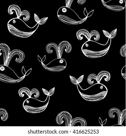 Seamless texture with cute whales. Endless hand drawn black and white vector pattern. Template for design textile, backgrounds, packages, wrapping paper