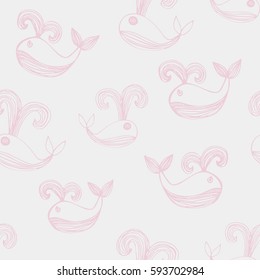 Seamless texture with cute whales. Endless hand drawn blue and white vector pattern. Template for design textile, backgrounds, packages, wrapping paper for kids.