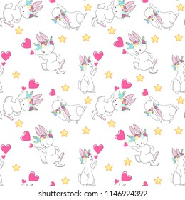 Seamless texture with cute white bunny/ Esater pattern print design with little hares 