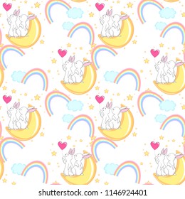 Seamless texture with cute white bunny/ Esater pattern print design with little hares 