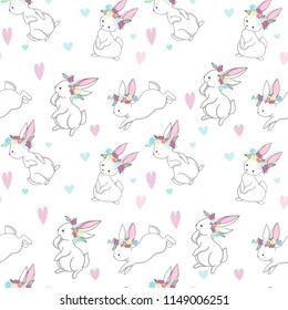 Seamless texture with cute white bunny/ Esater pattern print design with little hares 