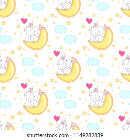 Seamless texture with cute white bunny/ Esater pattern print design with little hares 