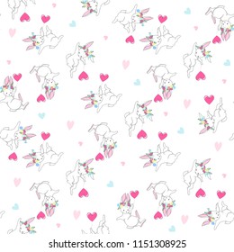 Seamless texture with cute white bunny/ Esater pattern print design with little hares 