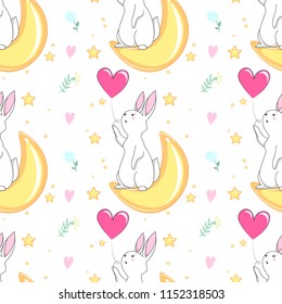 Seamless texture with cute white bunny/ Esater pattern print design with little hares 