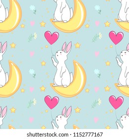 Seamless texture with cute white bunny/ Easter pattern print design with little hares 