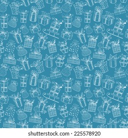 Seamless texture with cute white gift boxes on blue background. Can be used for wallpaper, pattern fills, textile, web page background, surface textures. Vector illustration. 