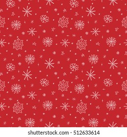 Seamless texture with cute white snowflake on red background. Can be used for wallpaper, pattern fills, textile, web page background, surface textures. Hand drawn vector illustration.