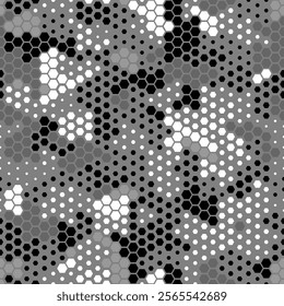 Seamless texture dark gray hex grid. Abstract futuristic military geometric modern camo background. Monochrome black and gray colors camouflage texture. Vector illustration uniform print.