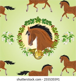Seamless  texture dark Horse head of stallion leaves and french horn hunting theme vector illustration 