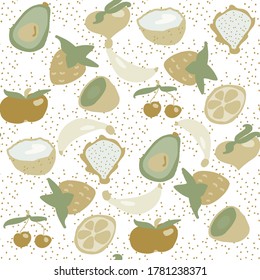 Seamless texture. Decorative background with banana, avocado, cherry, strawberry, lime, kiwi, apple and coconut summer fruits. Colorful vector pattern for textile, stationery, wallpaper