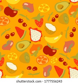 Seamless texture. Decorative background design with banana, avocado, cherry, strawberry, lime, kiwi, apple and coconut summer fruits. Colorful vectorpattern for textile, stationery, wallpaper