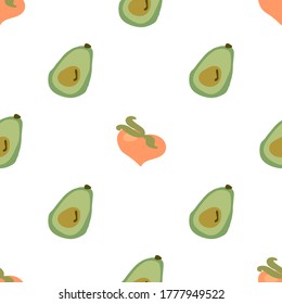 Seamless texture. Decorative background design with avocado and peach summer fruits. Colorful vector pattern for textile, stationery, wallpaper, wrapping paper, web, scrapbook