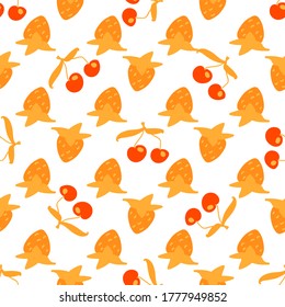 Seamless texture. Decorative background design with strawberry and cherry summer fruits. Colorful vector pattern for textile, stationery, wallpaper, wrapping paper, web, scrapbook