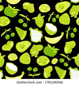 Seamless texture. Decorative background design with banana, avocado, cherry, strawberry, lime, kiwi, apple and coconut summer fruits. Colorful vector pattern for textile, stationery, wallpaper