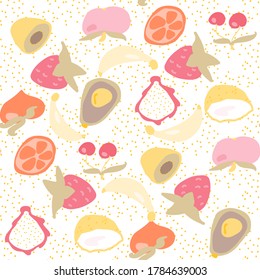 Seamless texture. Decorative background design with banana, avocado, cherry, strawberry, lime, kiwi, apple and coconut summer fruits. Colorful vector pattern for textile, stationery, wrapping paper