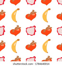 Textura sin inconvenientes. Diseño de fondo decorativo con banana, pitaya y melocotón. Patrón vectorial colorido para textiles, papelería, papel envolvente