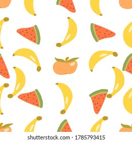 Seamless texture. Decorative background design with banana and watermelon summer fruits. Colorful vector pattern for textile, stationery, wallpaper, wrapping paper, web, scrapbook