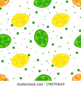 Seamless texture. Decorative background design with lime and lemon sliced summer fruits. Colorful vector pattern for textile, stationery, wallpaper, wrapping paper, web, scrapbook