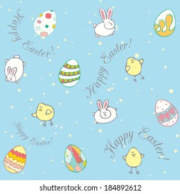 Seamless texture of decorative eggs, chickens, rabbits
