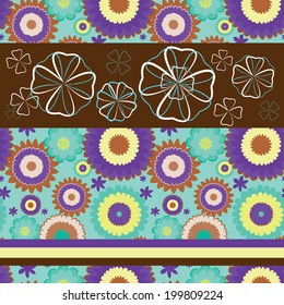 Seamless texture with decorative flowers and linear horizontal patterns on blue background