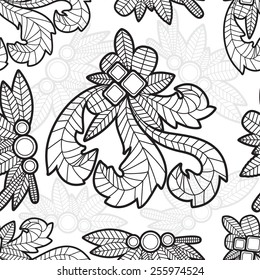 Seamless texture with decorative leaves. Black and white style. 