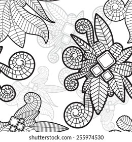 Seamless texture with decorative leaves. Black and white style.  The object is isolated