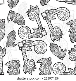 Seamless texture with decorative leaves. Black and white style. 