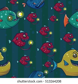 seamless texture with deep-sea fish. pattern with the fishes. deep-sea fish. Predatory fish on a dark green background. cartoon  background